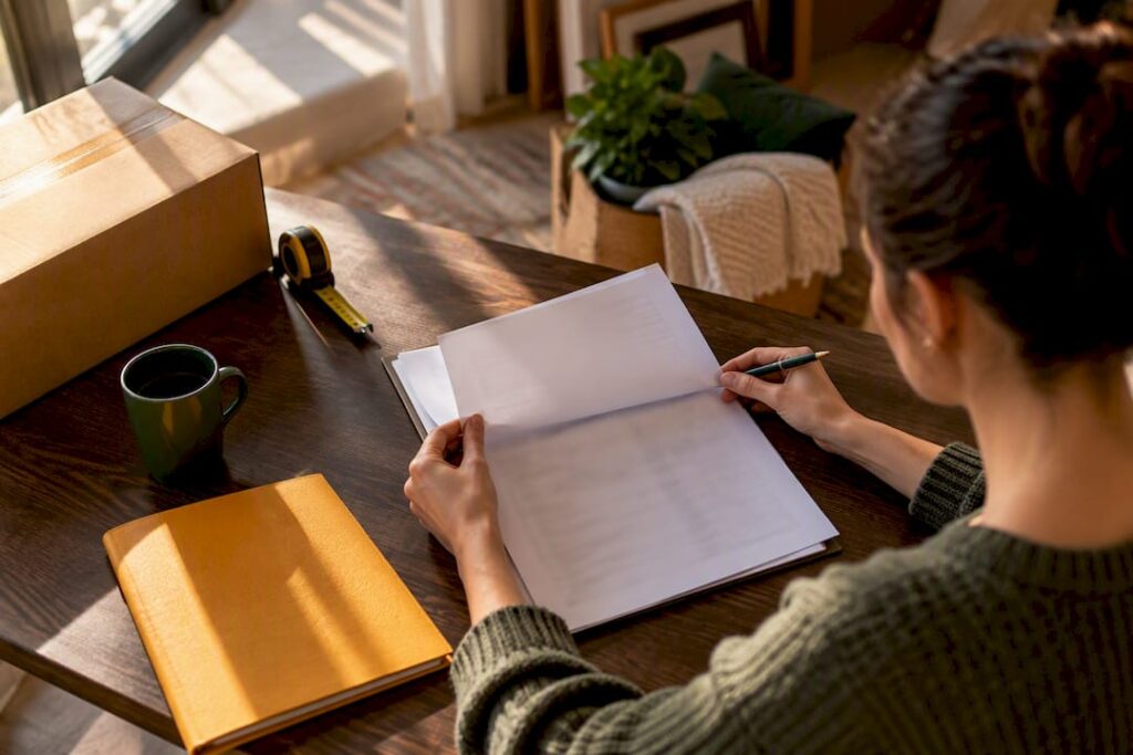 Estimator reviewing moving tariff paperwork