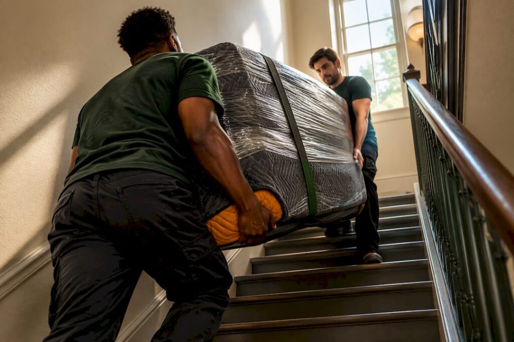 Movers carrying wrapped item up stairs