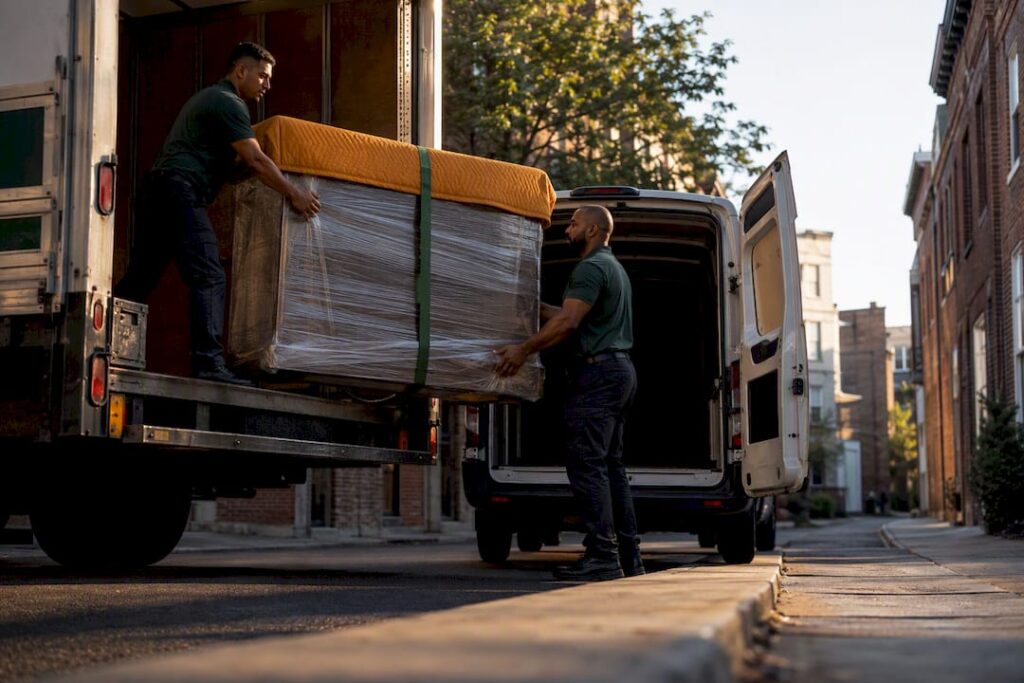 Movers transferring belongings at a narrow curb