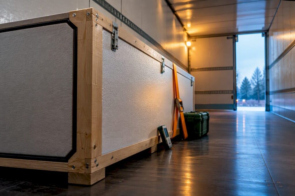 Sealed insulated crate inside transport trailer