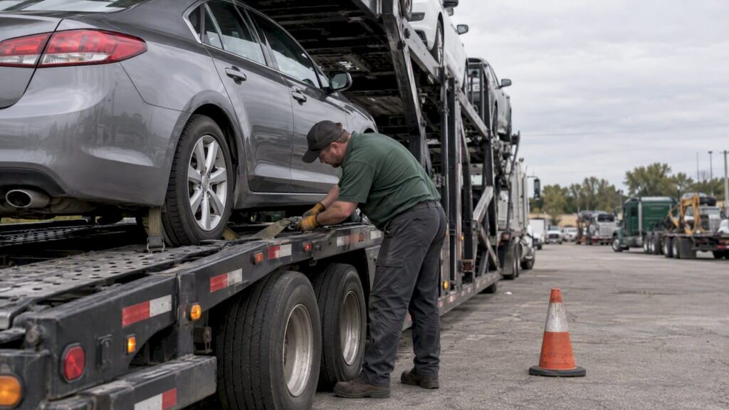 Sedan secured on auto transport trailer