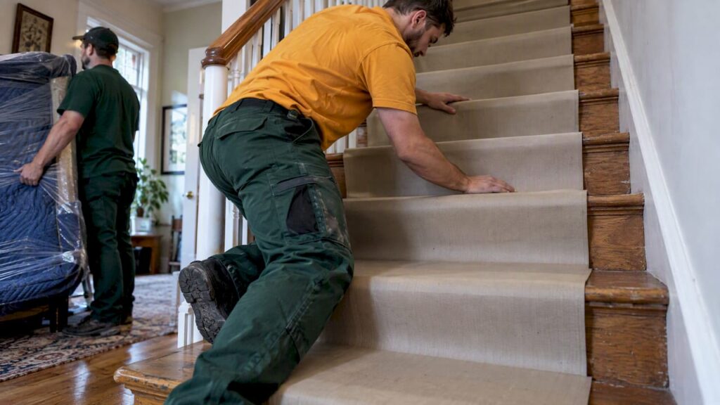 Mover installing protection on hardwood stairs