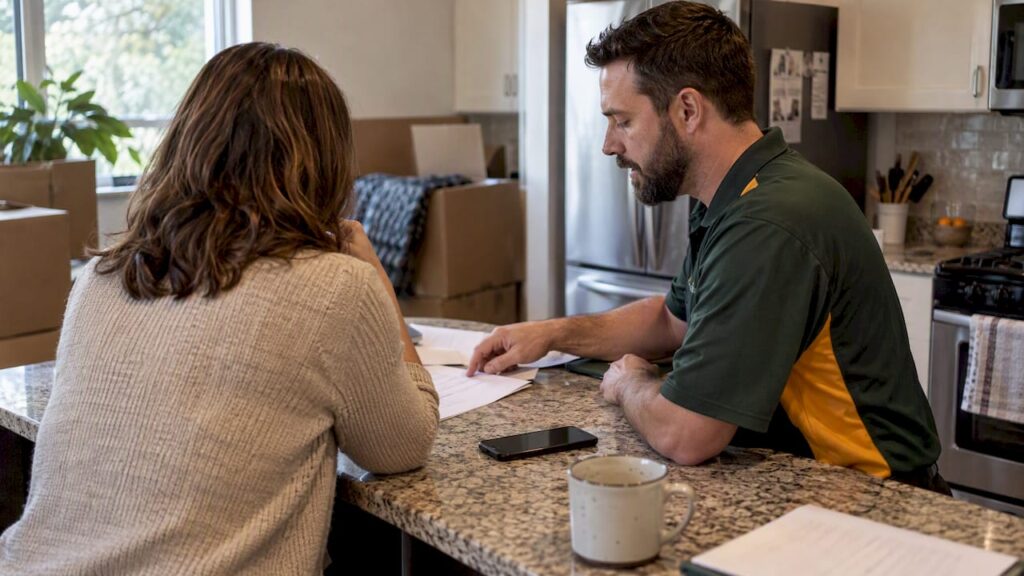 Homeowner verifying moving broker details