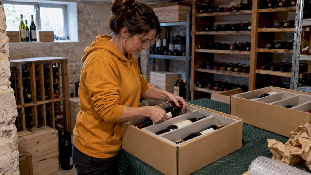 Collector packing wine bottles for relocation