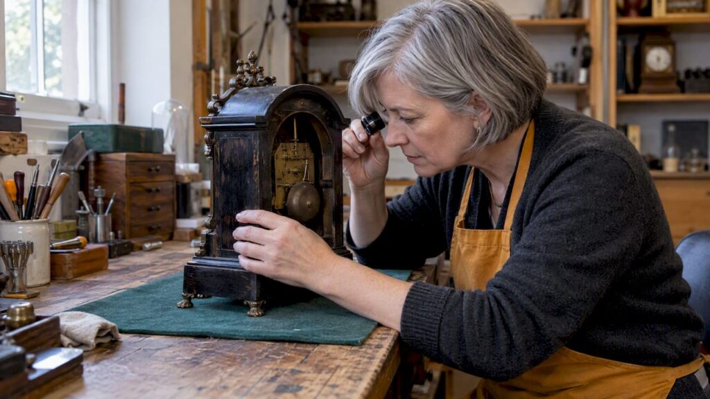 Appraiser examining a Victorian mantel clock