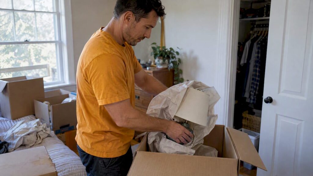 Mover packing a lamp into a household box