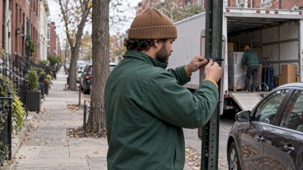 Crew member posts a curbside moving sign