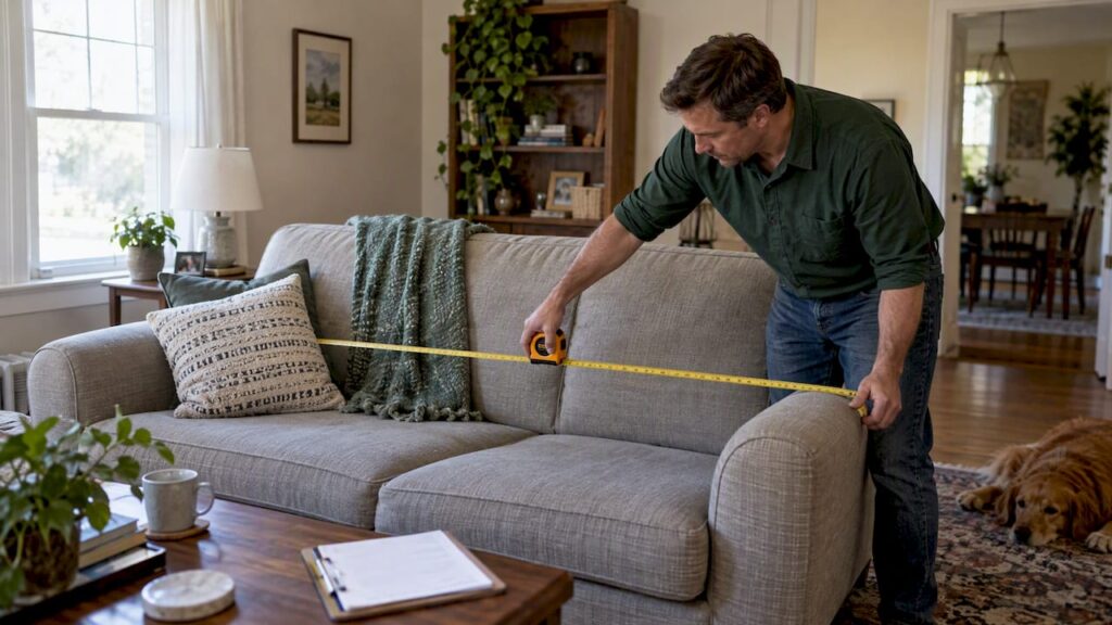 Homeowner measuring sofa for moving inventory