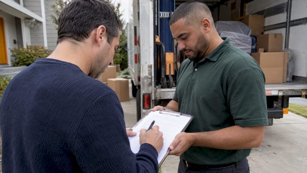 Homeowner signing moving delivery paperwork