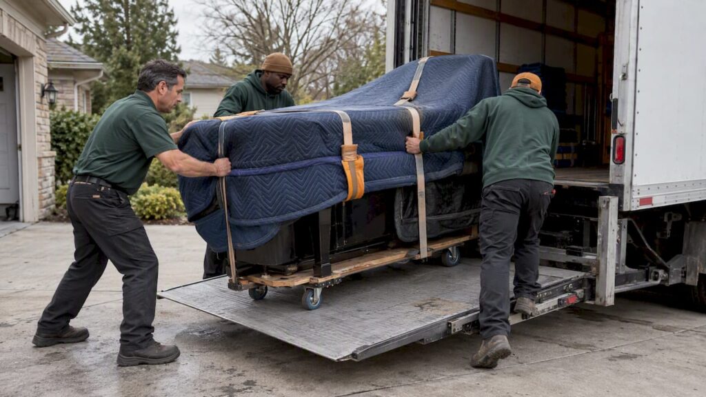 Crew securing a padded grand piano for transport