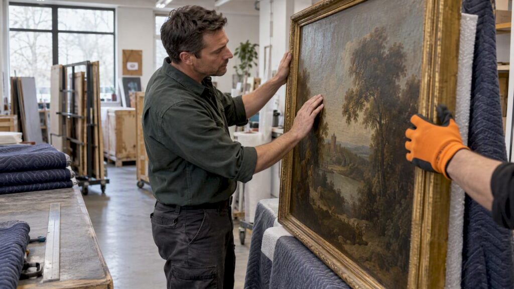Art handler inspecting a painting before moving