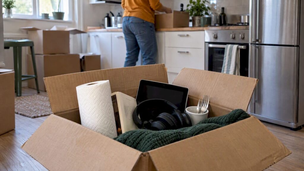 Open first-night essentials box in a new kitchen