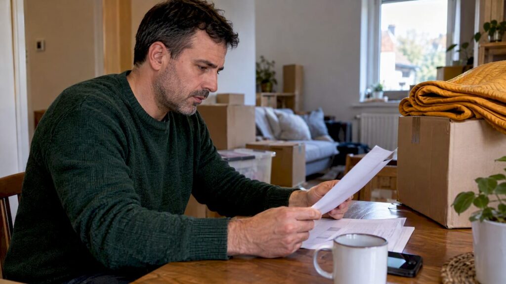 Homeowner reviewing paperwork after a delayed move