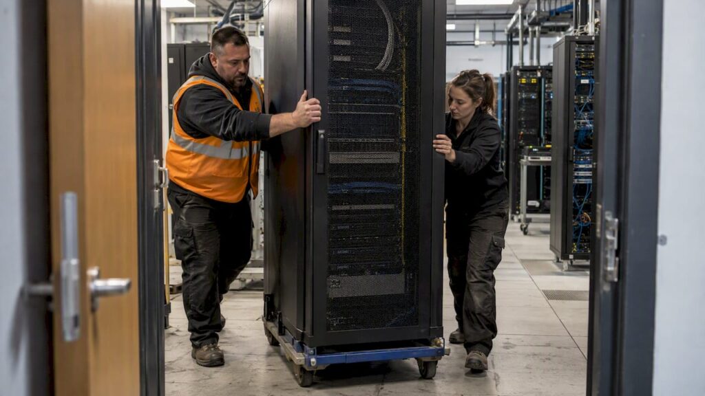 Movers guide a server rack from an office