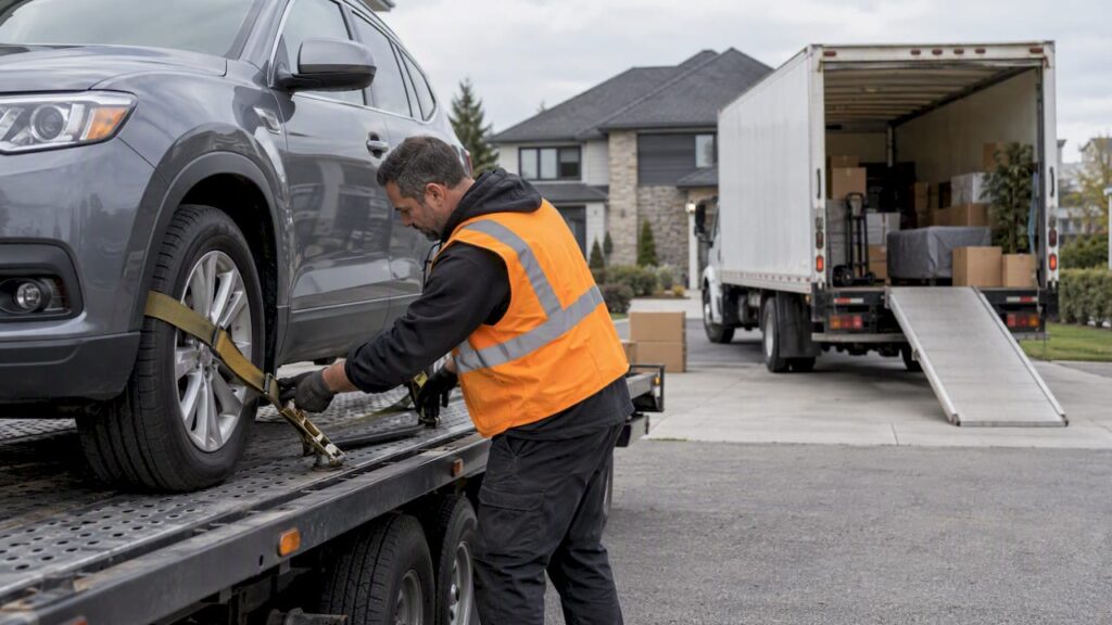 Car secured beside a household moving truck