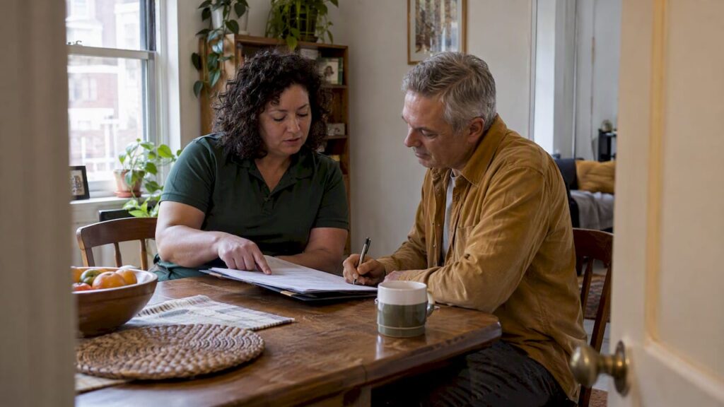 Homeowner and estimator reviewing moving quote